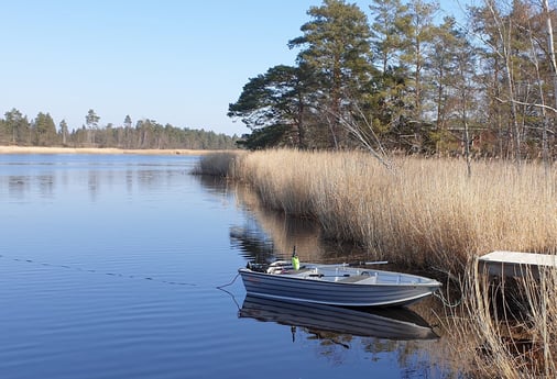 Neues (2020) Aluminiumboot „Kimble 365 Catch“ mit 65-lbs-Trolling-Motor und Rudern im Mietpreis enthalten. In der Meeresbucht direkt vor der Hütte kann man am besten angeln!